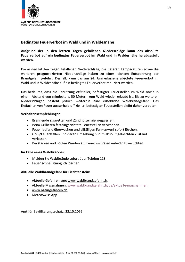 Bedingtes Feuerverbot im Wald und in Waldesnähe