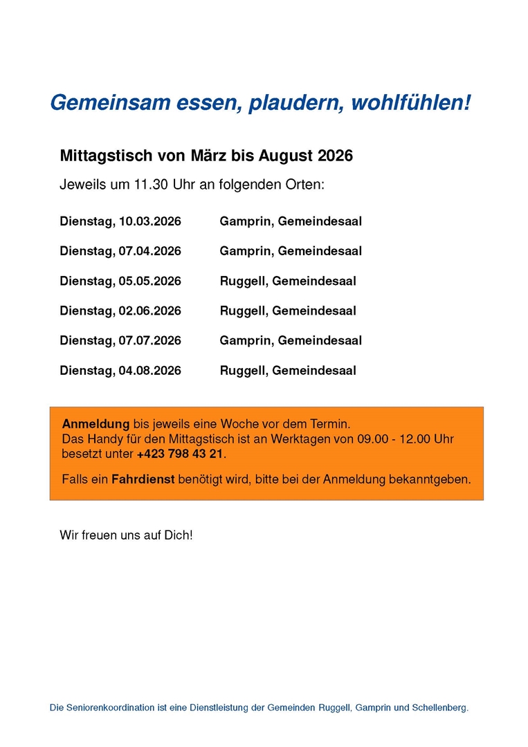 Mittagstisch für Seniorinnen und Senioren 